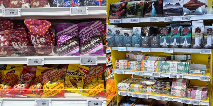 Icelandic candy and chocolate bars including Omnom, Rís and Sambó in a supermarket snack section