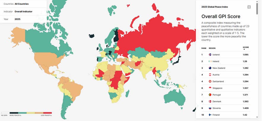 Global Peace Index 2025 safest countries in the world map