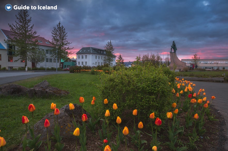 Het centrum van Reykjavik heeft heerlijke groene plekjes, zoals voor de Hallgrimskirkja-kerk