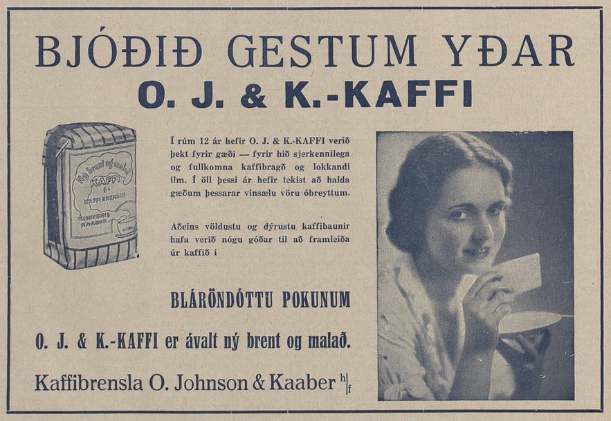 A vintage Icelandic ad from the 1930s for O. Johnson & Kaaber coffee A vintage Icelandic ad from the 1930s for O. Johnson & Kaaber coffee