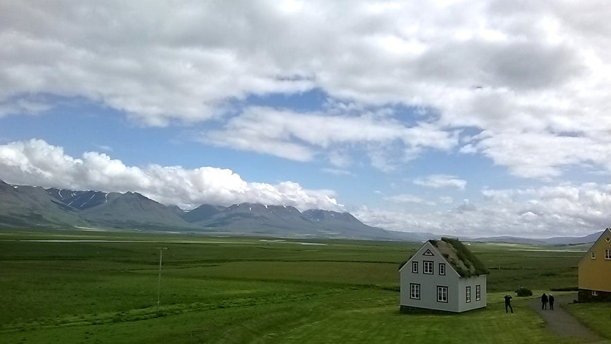 Glaumbaer museum is surrounded by green mountains