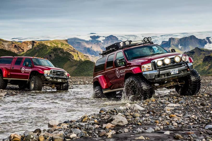 A 4x4 super jeep on a mountain F-road in the Icelandic highlands