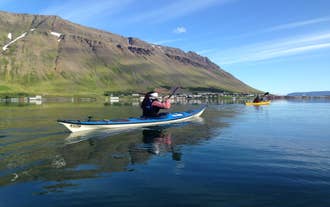 Eventyrere, der ror i kajak i en naturskøn fjord omkring Isafjörður i Island.