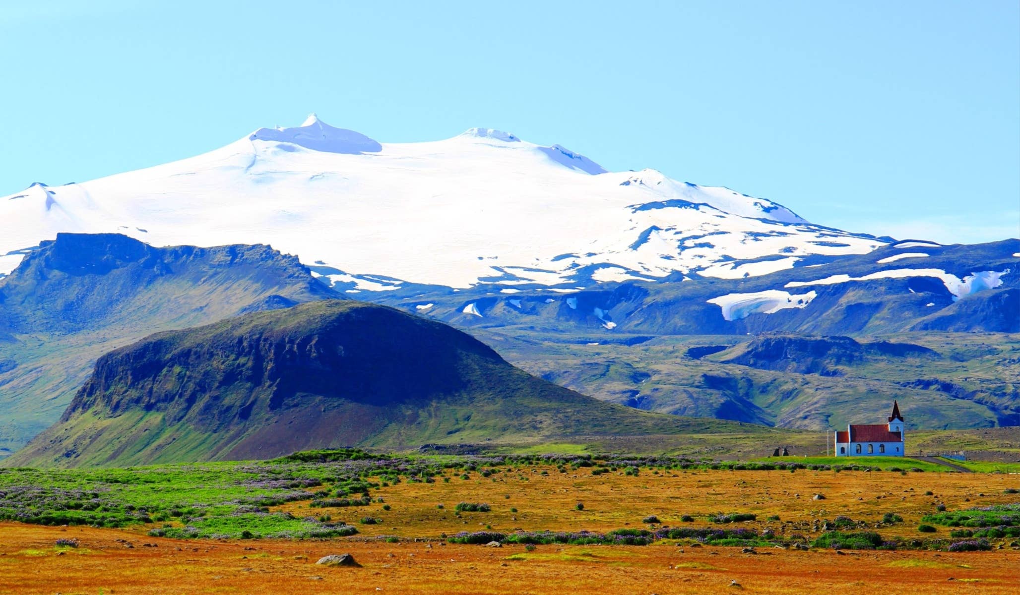 Snaefellsjokull Volcano in Snaefellsnes Peninsula in Iceland on a summer day.