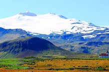 Snaefellsjokull Volcano in Snaefellsnes Peninsula in Iceland on a summer day.