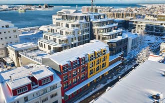 Aerial view of Strand Hotel Apartments and surrounding area