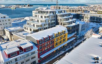 Aerial view of Strand Hotel Apartments and surrounding area