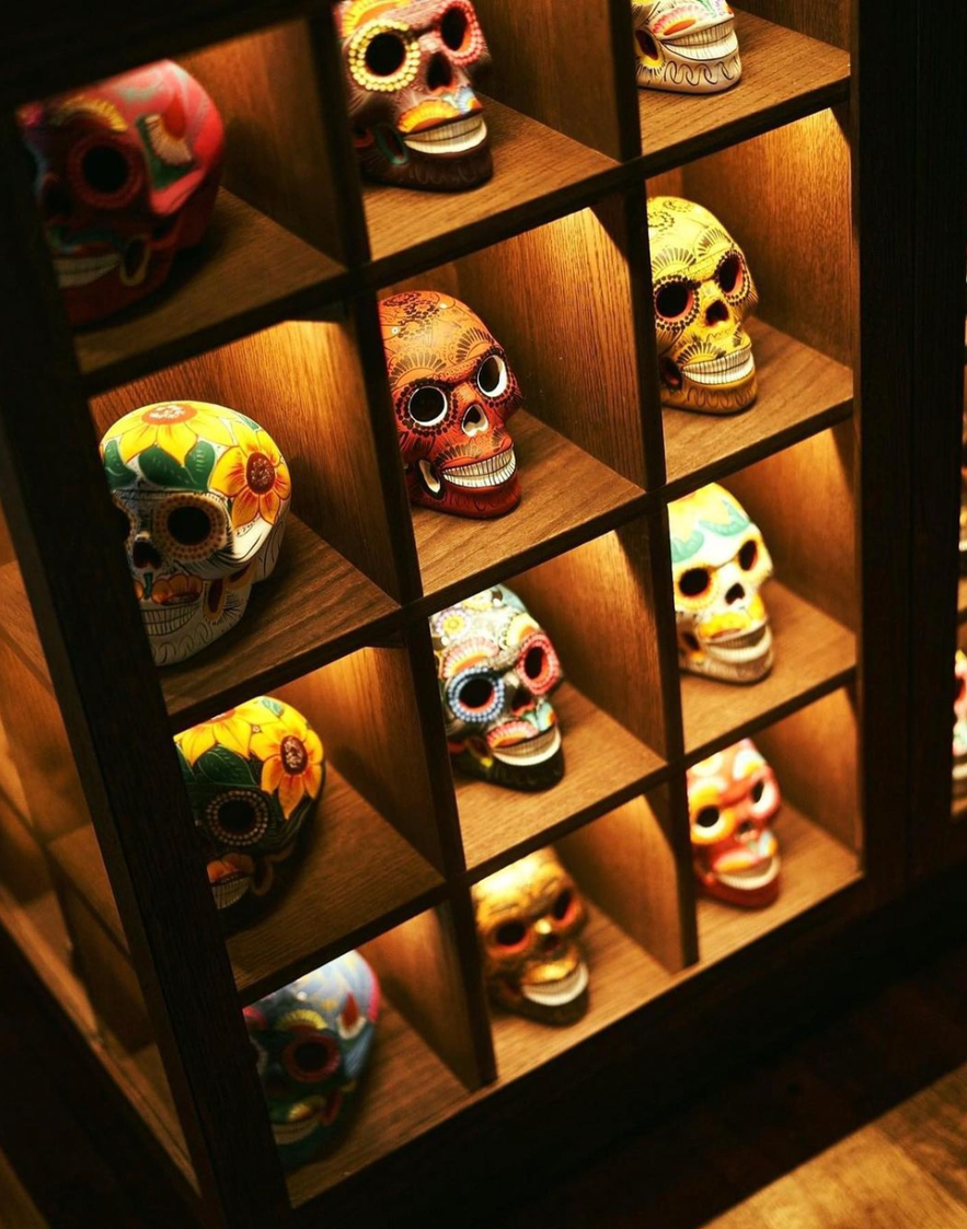 A collection of Calavera skulls on display at Tres Locos in downtown Reykjavik