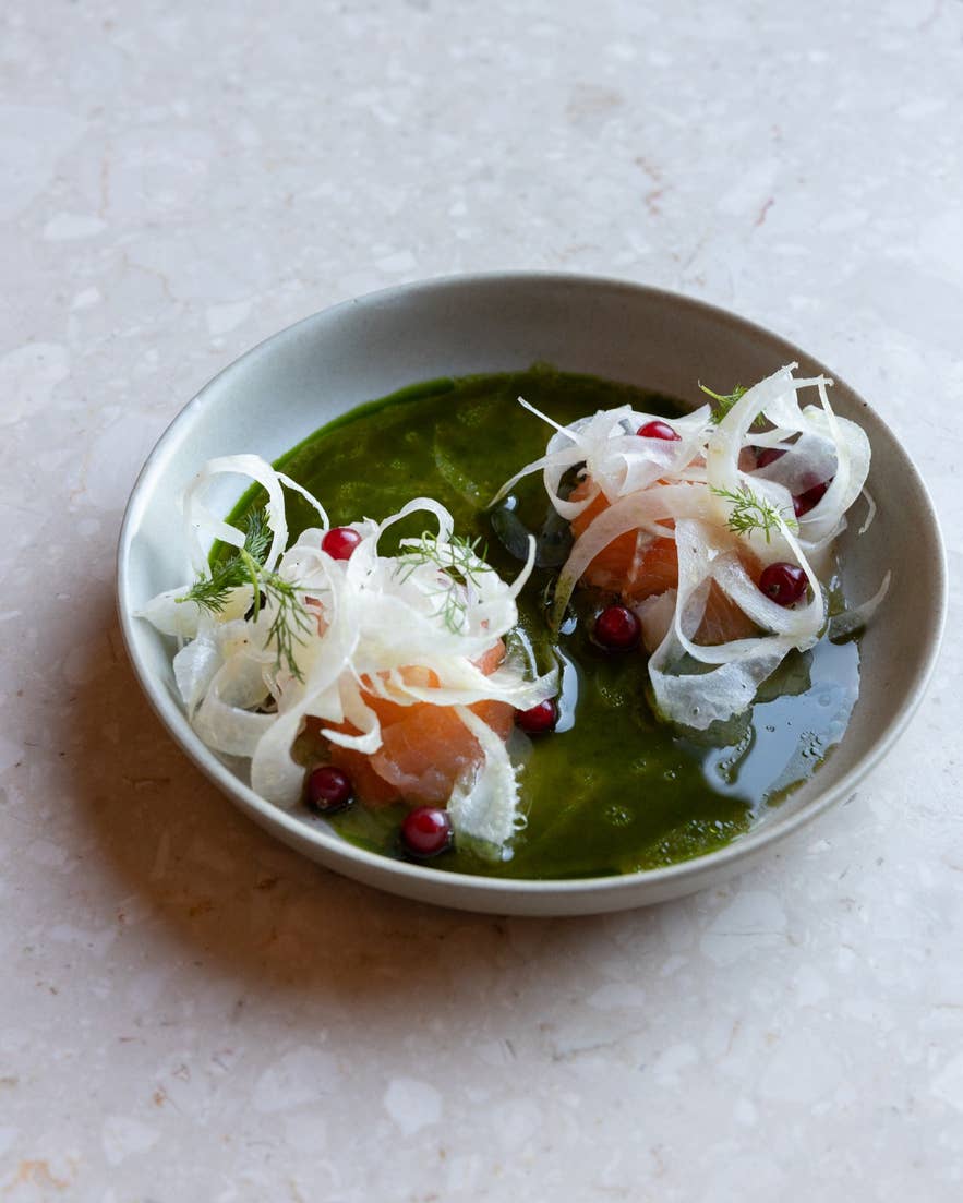 Arctic char dish at Ylja Restaurant Laugaras Lagoon Iceland with pickled fennel, herbs, and green sauce showcasing modern Icelandic cuisine Arctic char dish at Ylja Restaurant Laugaras Lagoon Iceland with pickled fennel, herbs, and green sauce showcasing modern Icelandic cuisine