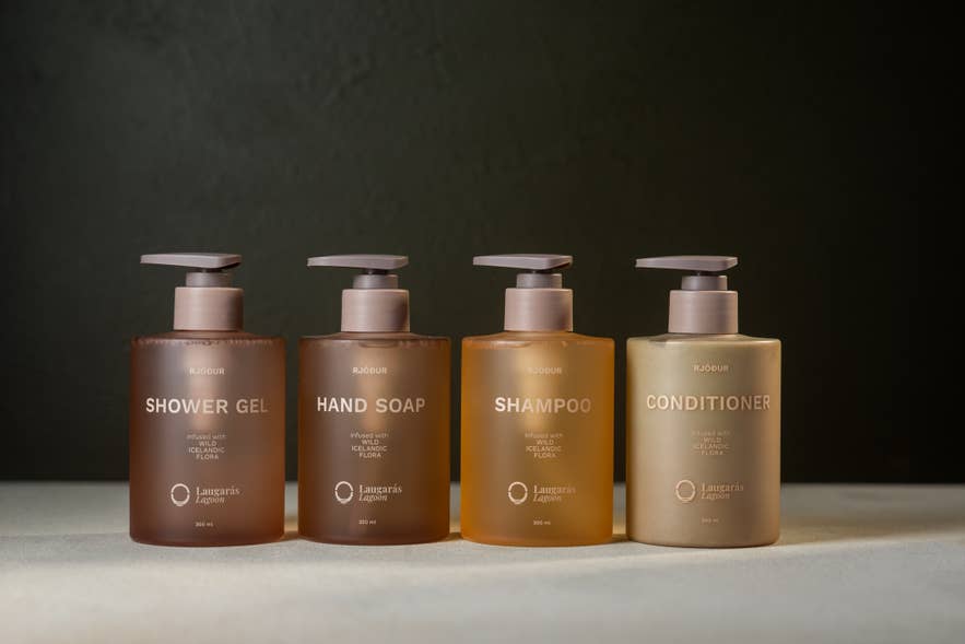 Laugaras Lagoon Iceland toiletries set with shampoo, conditioner, hand soap, and shower gel made with Icelandic herbs