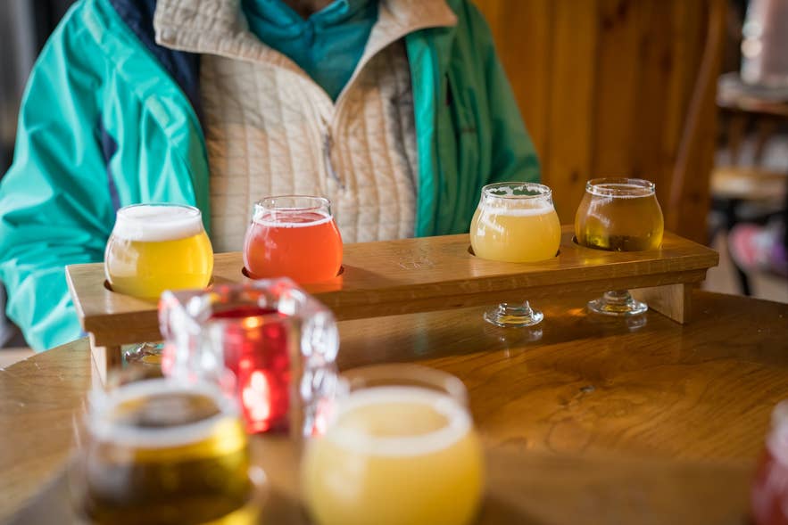 A row of beer mugs in a pub in Reykjavik.