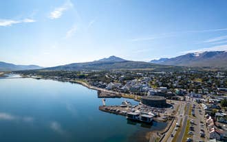 Aerial view of Akureyri harbor and Eyjafjordur fjord in North Iceland near Akureyri Port