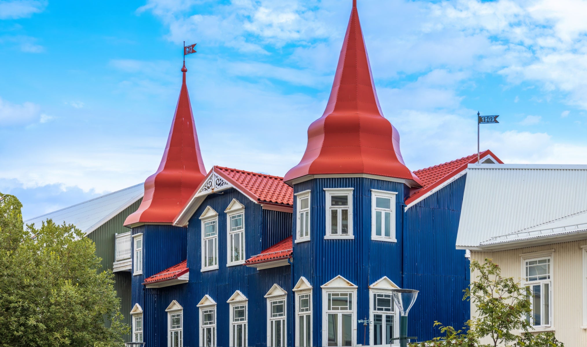 Colorful house with red roof in Akureyri town center in North Iceland