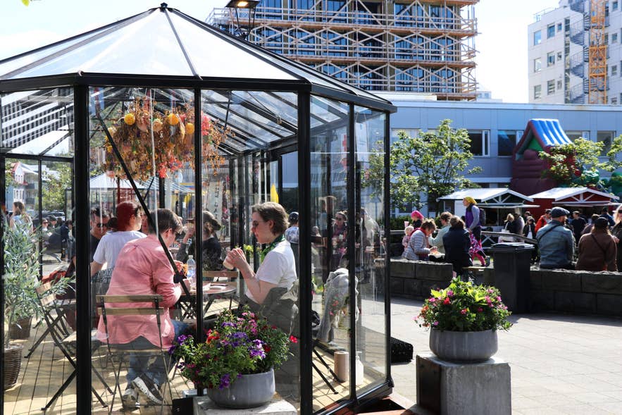 Visitors enjoying outdoor seating at the 2025 Vegan Festival in Iceland with flowers, sunshine, and festival stalls in Hafnarfjordur