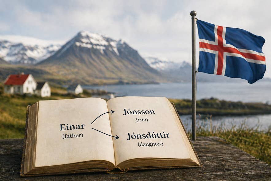 Icelandic names infographic showing how Jónsson and Jónsdóttir are formed from a father’s first name.
