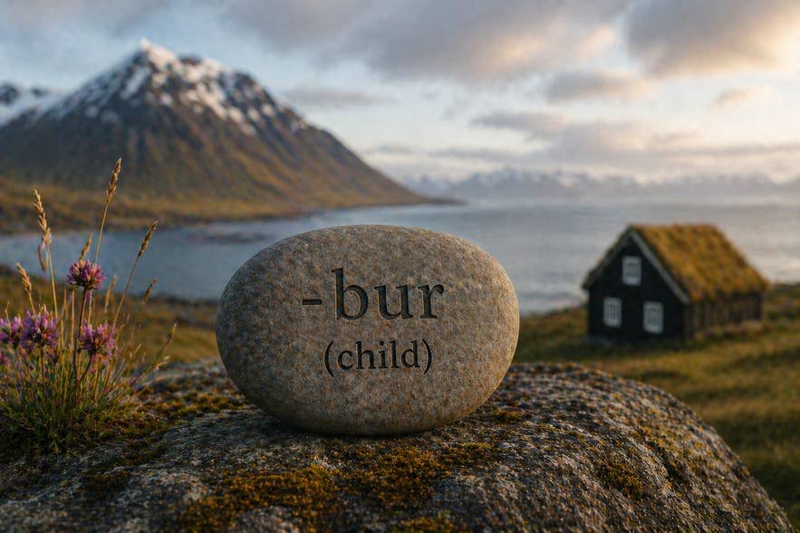 The non-binary suffix “-bur,” used to form Icelandic names for non-binary people, engraved on a stone in an Icelandic landscape.