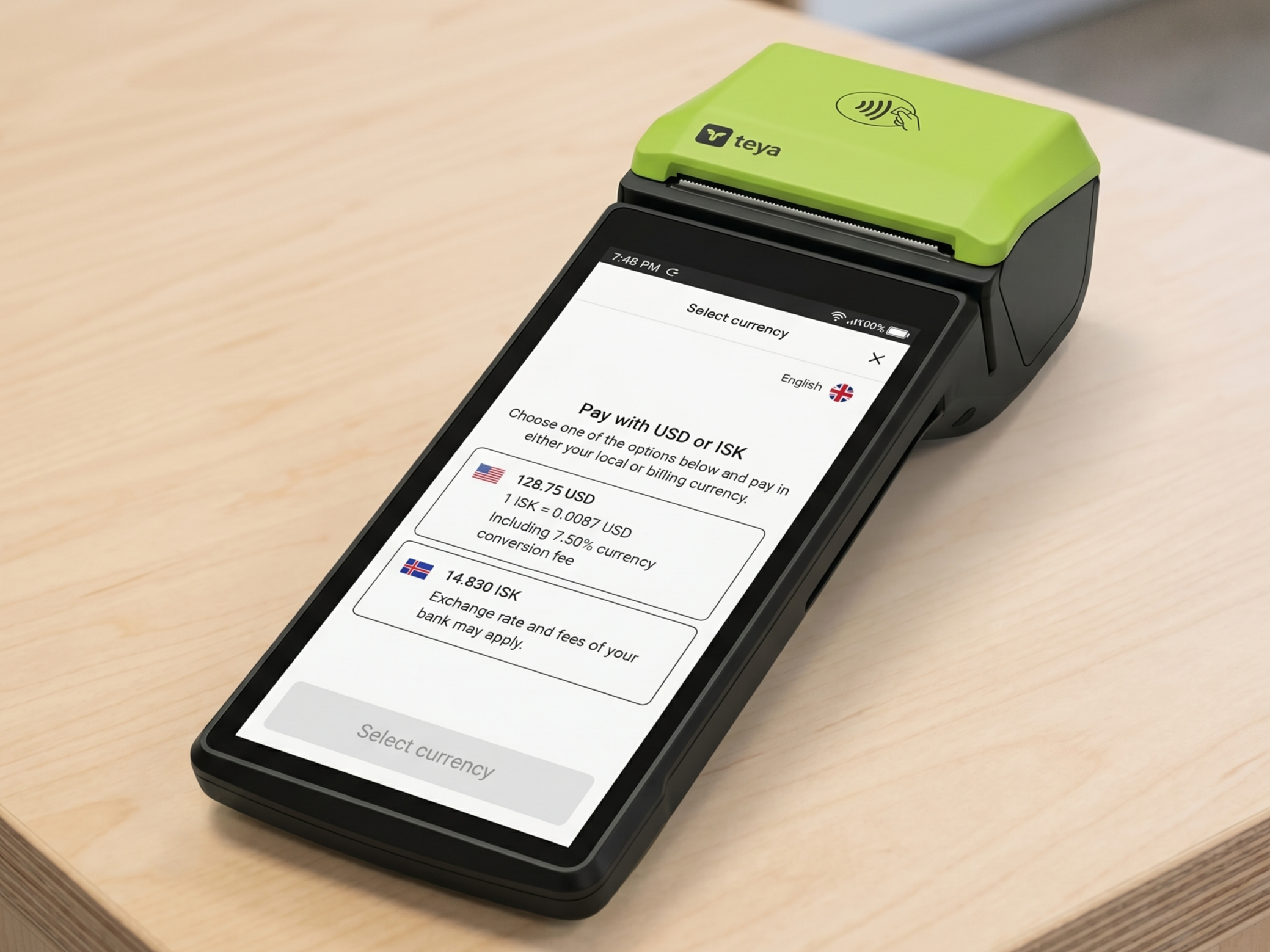 Card payment terminal showing options to pay in USD or ISK in Iceland.