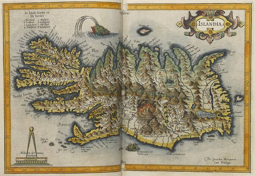 Iceland labeled "Islandia" on a 1595 map from the Mercator Atlas, the Latinized form of the Old Norse Ísland