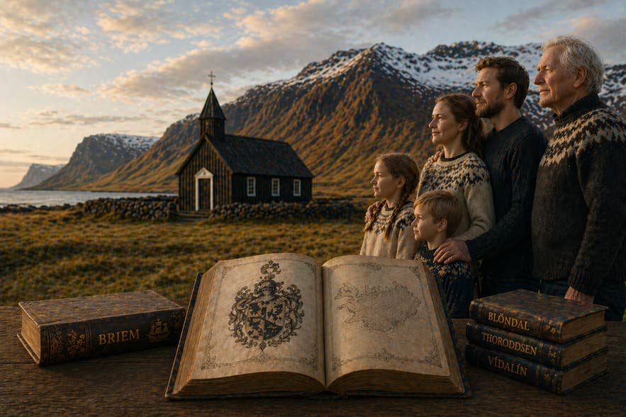 Icelandic names and family heritage illustrated with generations of a family beside books and a church in Iceland.