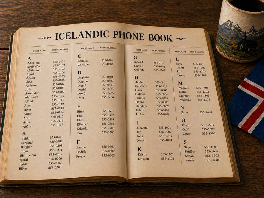 Icelandic names listed by first name in a traditional Icelandic phone book beside an Icelandic flag and a coffee mug.