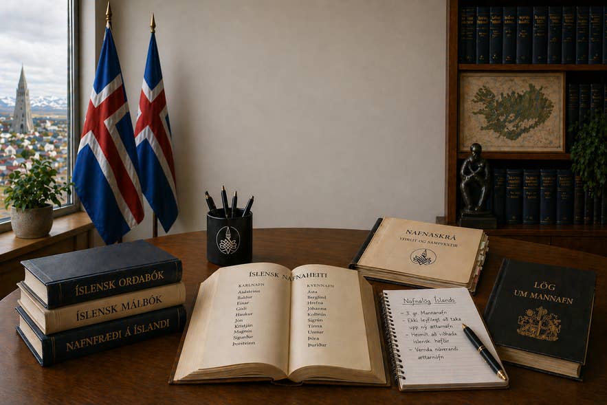 Icelandic names committee office with legal books and official documents.