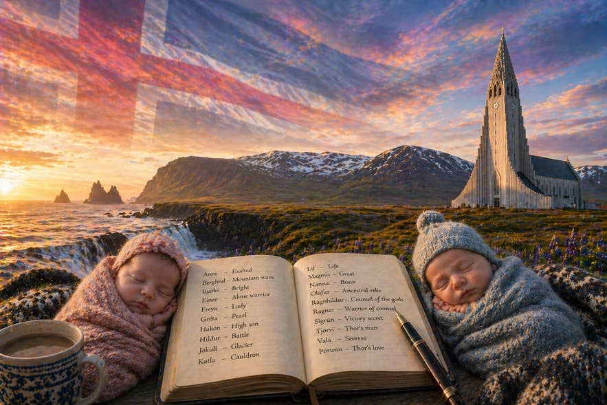 Icelandic names book beside sleeping babies and Icelandic scenery.