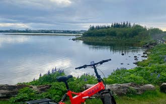 Electric bikes parked by calm lake in Fossvogsdalur on a group cycling tour in Reykjavik.
