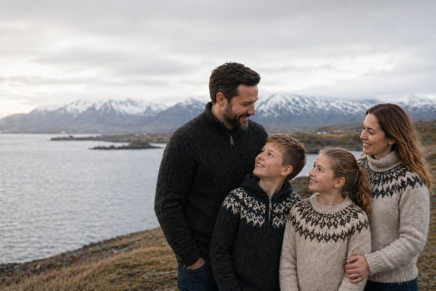 A family wearing traditional Icelandic lopapeysa sweaters, representing Icelandic names and heritage.