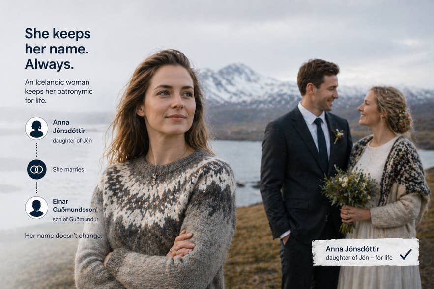 Icelandic names example showing a woman keeping her surname after marriage.