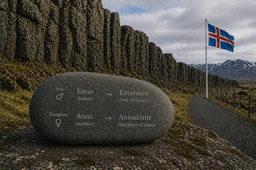 Stone showing how Icelandic names are formed beside an Icelandic landscape.
