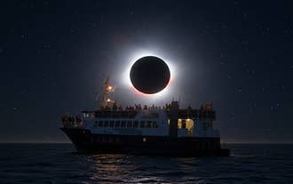 Total solar eclipse corona shining over a cruise vessel silhouette during the Faxafloi Bay eclipse trip.
