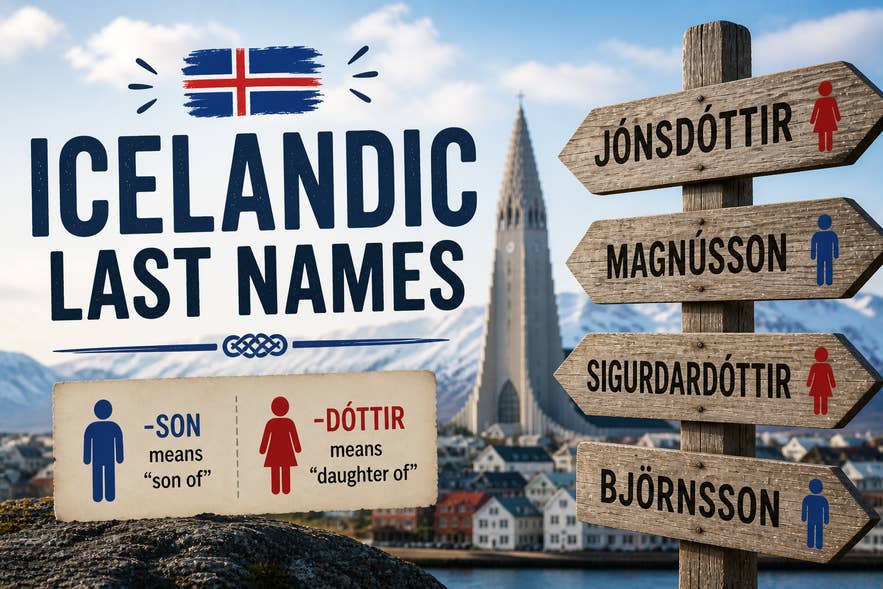 Icelandic names infographic explaining “-son” and “-dóttir” last names.