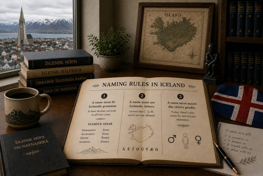 Icelandic names rules displayed in an open book with Icelandic decor.
