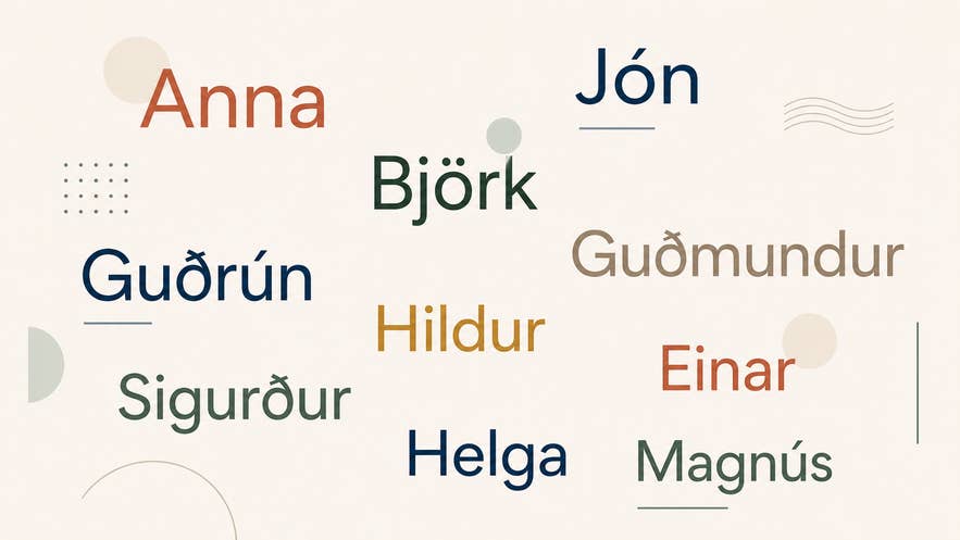 Collection of popular Icelandic names in colorful typography.