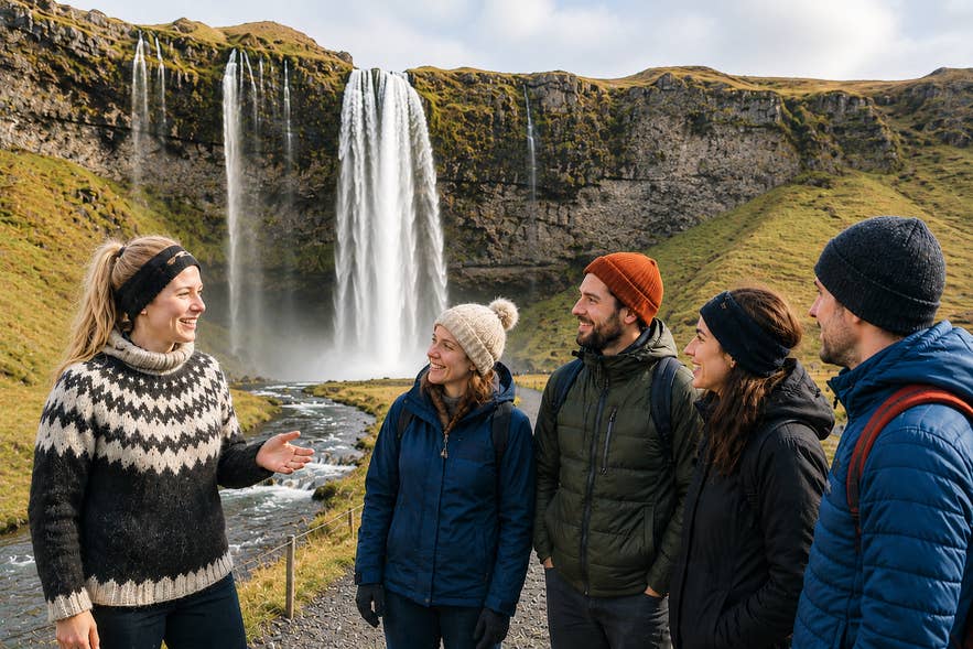 Guide explaining Icelandic names to tourists near Seljalandsfoss Waterfall.