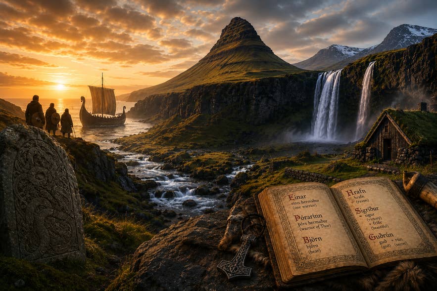 Icelandic names book with Viking ship, Kirkjufell Mountain, and Kirkjufellsfoss Waterfall