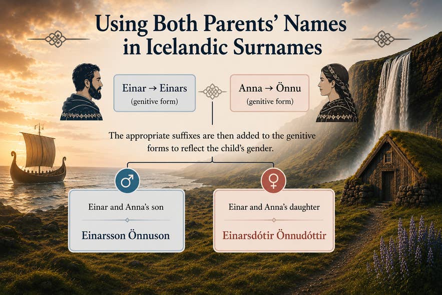 Icelandic names infographic showing surnames formed from both parents’ names.