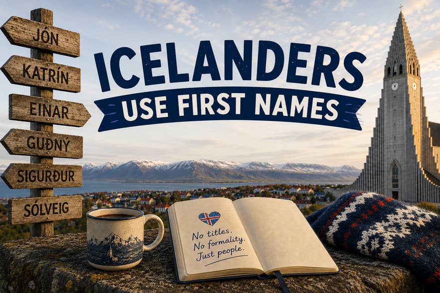 Icelandic names on a signpost in Reykjavik with Hallgrimskirkja Church and a coffee mug.