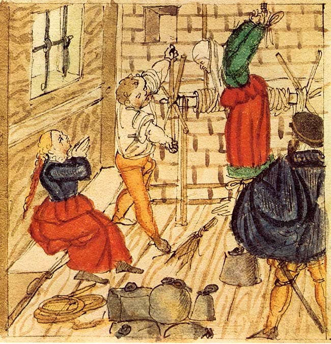 Johann Jakob Wick illustration of a European witch hunt, contrasting Iceland's Age of Fire trials.