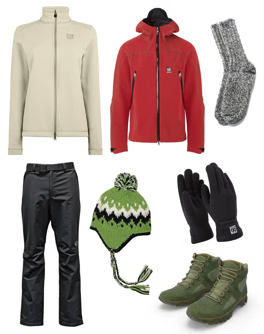 Outdoor clothing and hiking gear recommended for Iceland including waterproof layers, gloves, boots, thermal socks, and winter accessories.