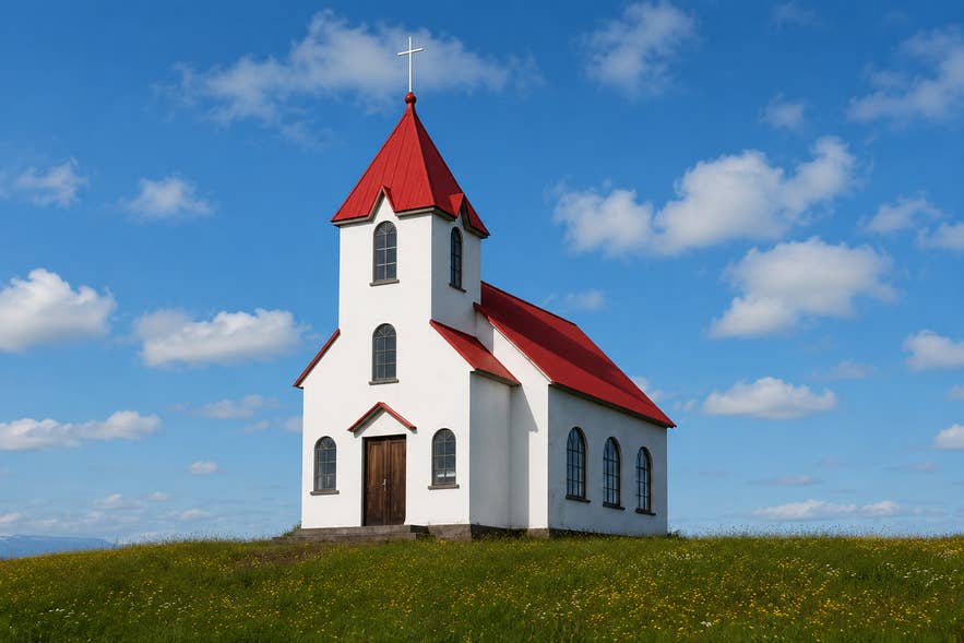 Flateyarkirkja Church in Iceland on a bright summer day