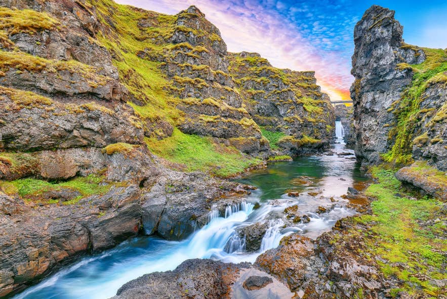 Kolugljufur Canyon and its cascading waterfalls in North Iceland.