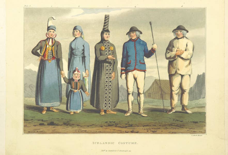 Historic illustration of Icelandic national costumes with women, men, and child in traditional dress outdoors