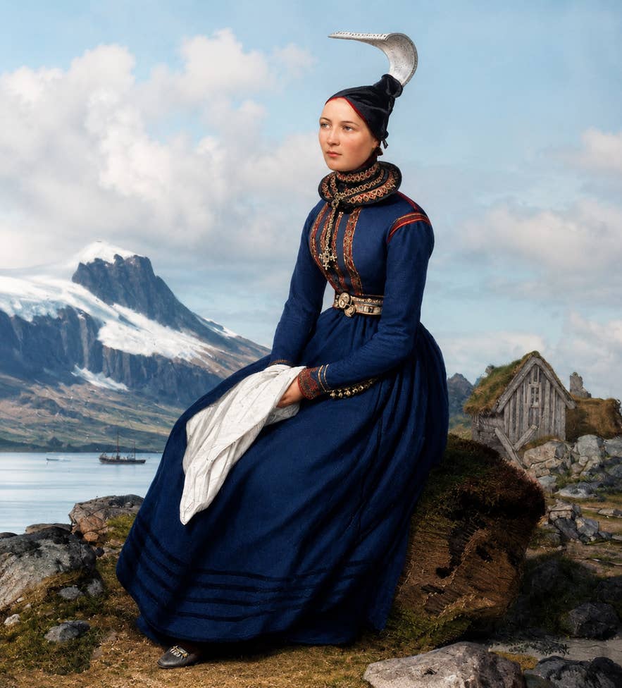 Colorized portrait of Málfríður Sveinsdóttir wearing the Icelandic faldbúningur in 1836