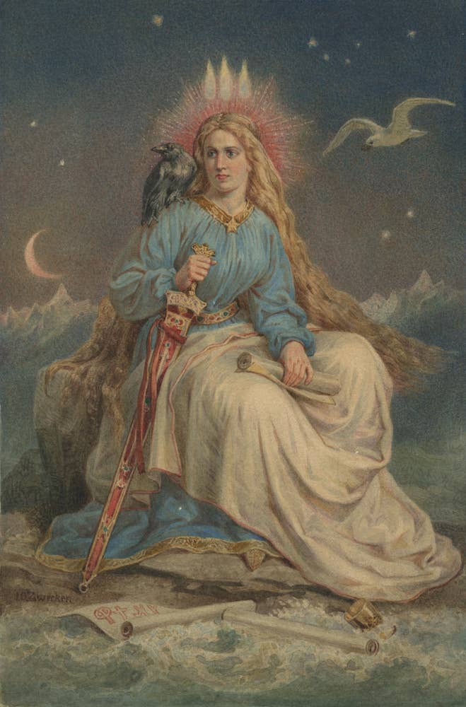 Illustration of the Fjallkona, Iceland’s Lady of the Mountain, symbolizing Icelandic national identity and independence