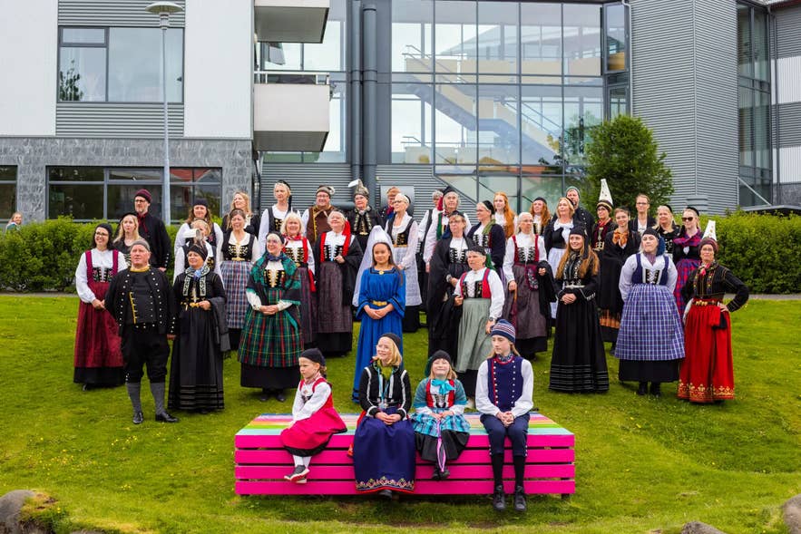 People wearing Icelandic national costumes at a cultural gathering in Hafnarfjordur in 2025