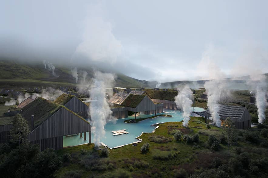 Aerial view of the new Reykjabod Hot Springs with steam rising from the lagoon.