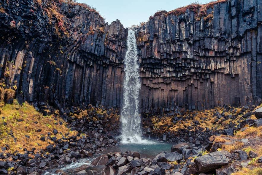 De waterval Svartifoss in Zuid-IJsland