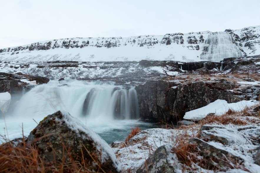 Dynjandi Waterfall in the Westfjords of Iceland during winter.