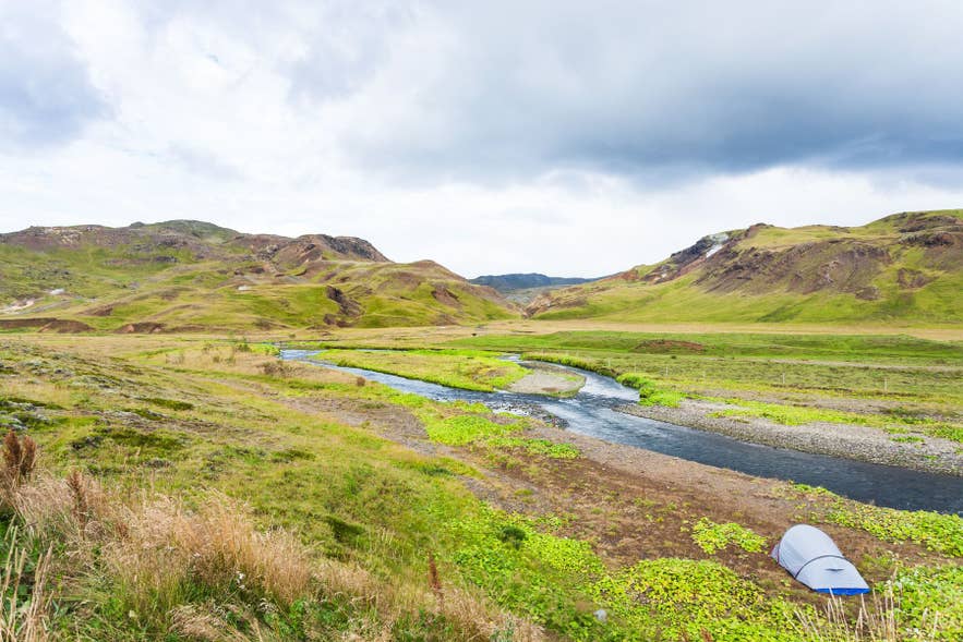 River valley landscape in Reykjadalur near Hveragerdi, Iceland